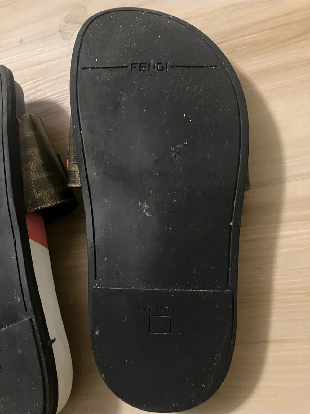 Fendi Brown Monogram Slides with Navy Footbed and Red Accents